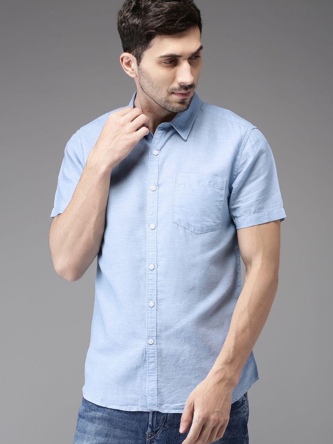 here&now men cotton linen blue regular fit casual shirt