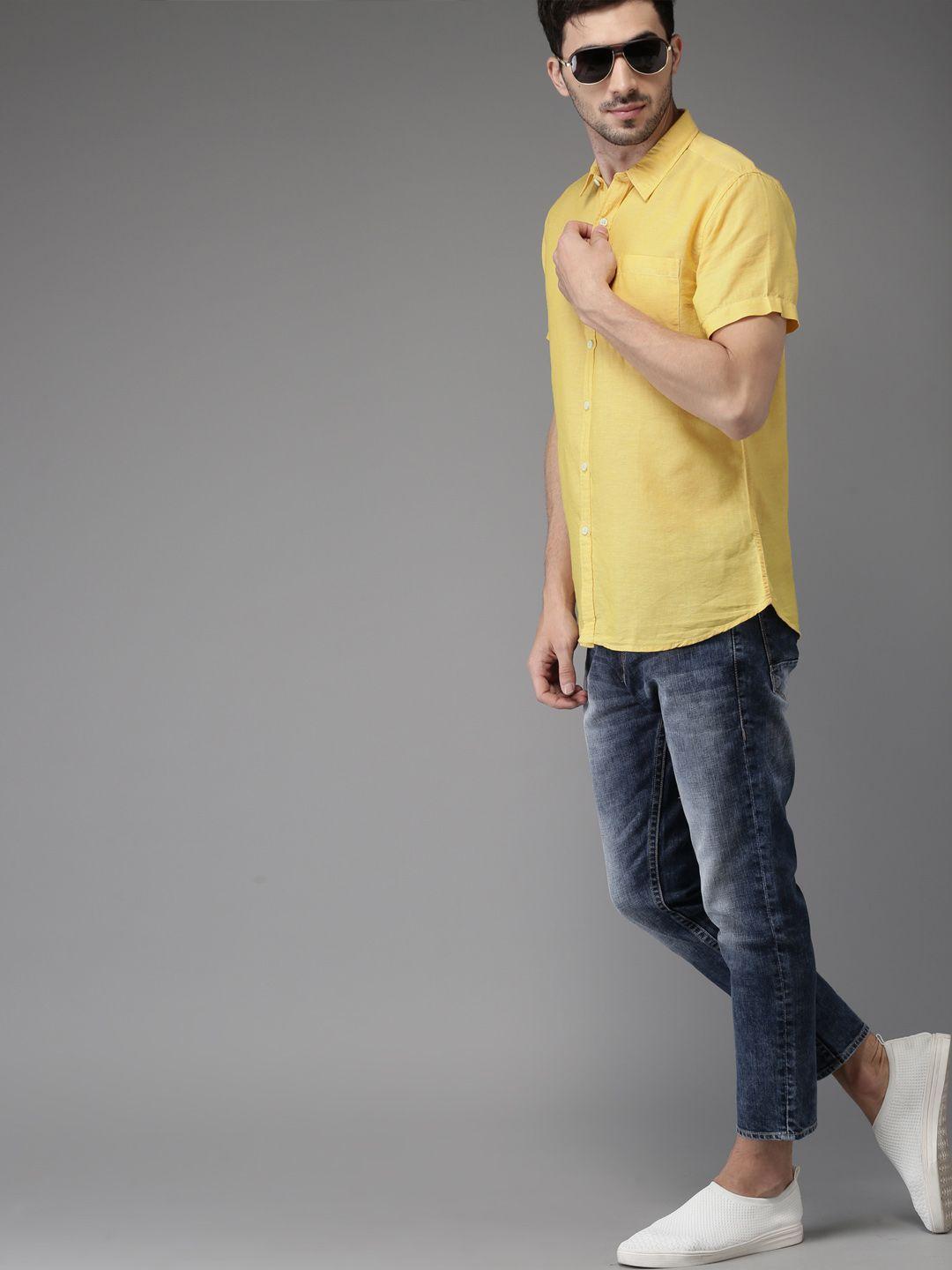 here&now men cotton linen yellow casual shirt