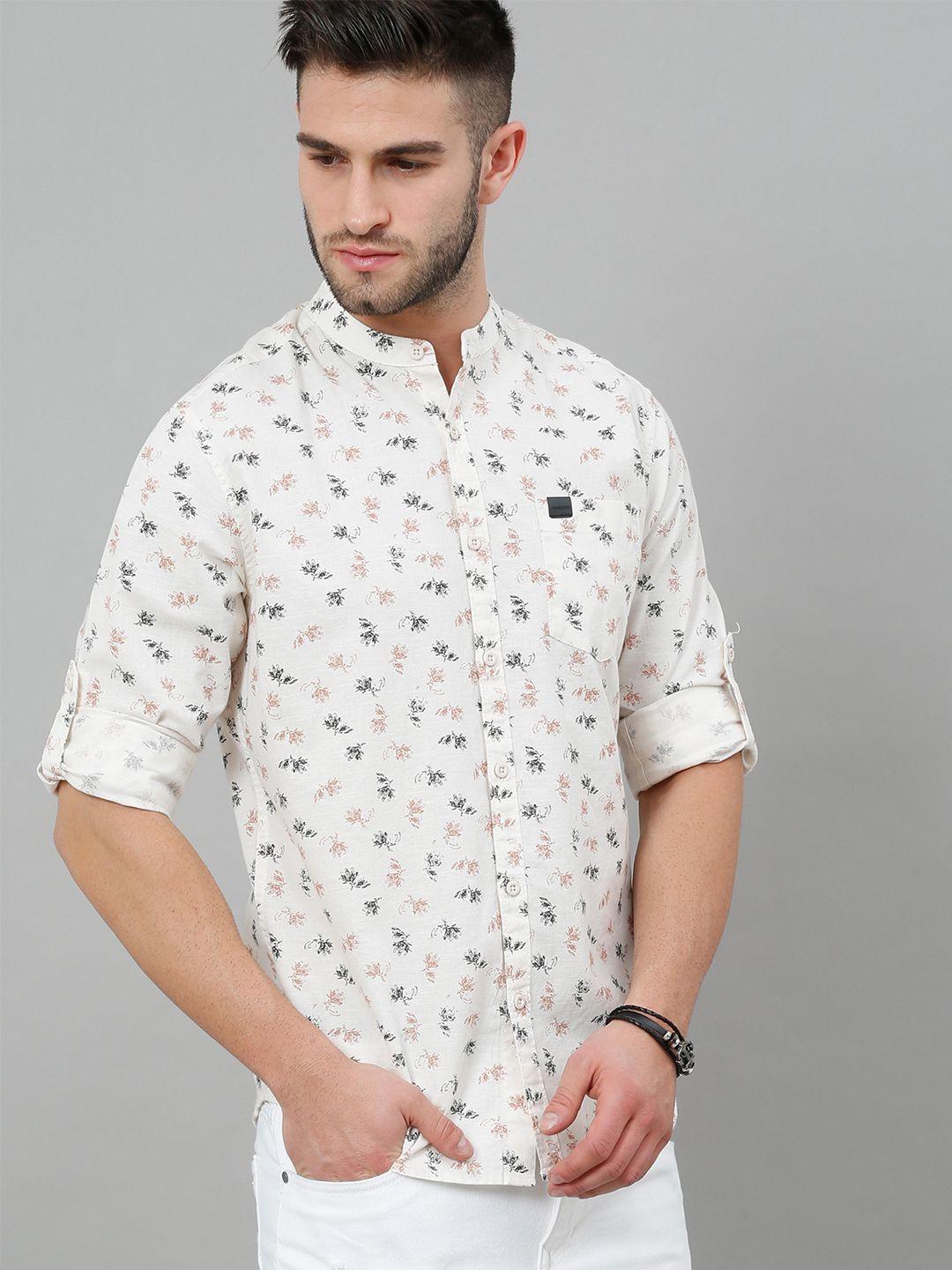 here&now men cream-coloured slim fit floral printed cotton casual shirt