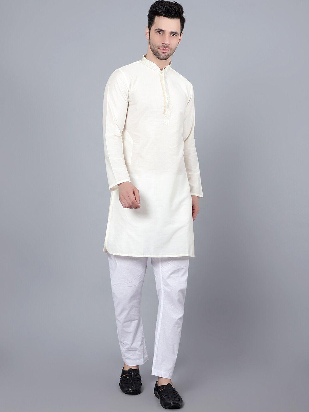 here&now men cream-coloured thread work anarkali kurta