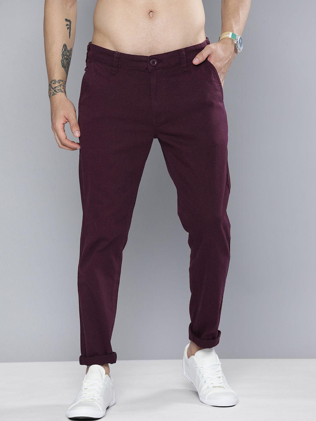 here&now men dark purple solid slim fit mid-rise regular trousers