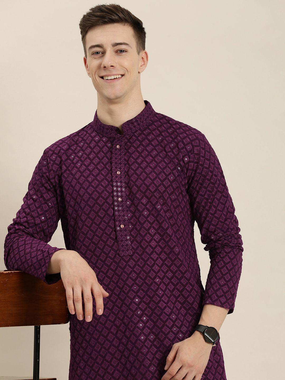 here&now men ethnic motifs embroidered chikankari kurta