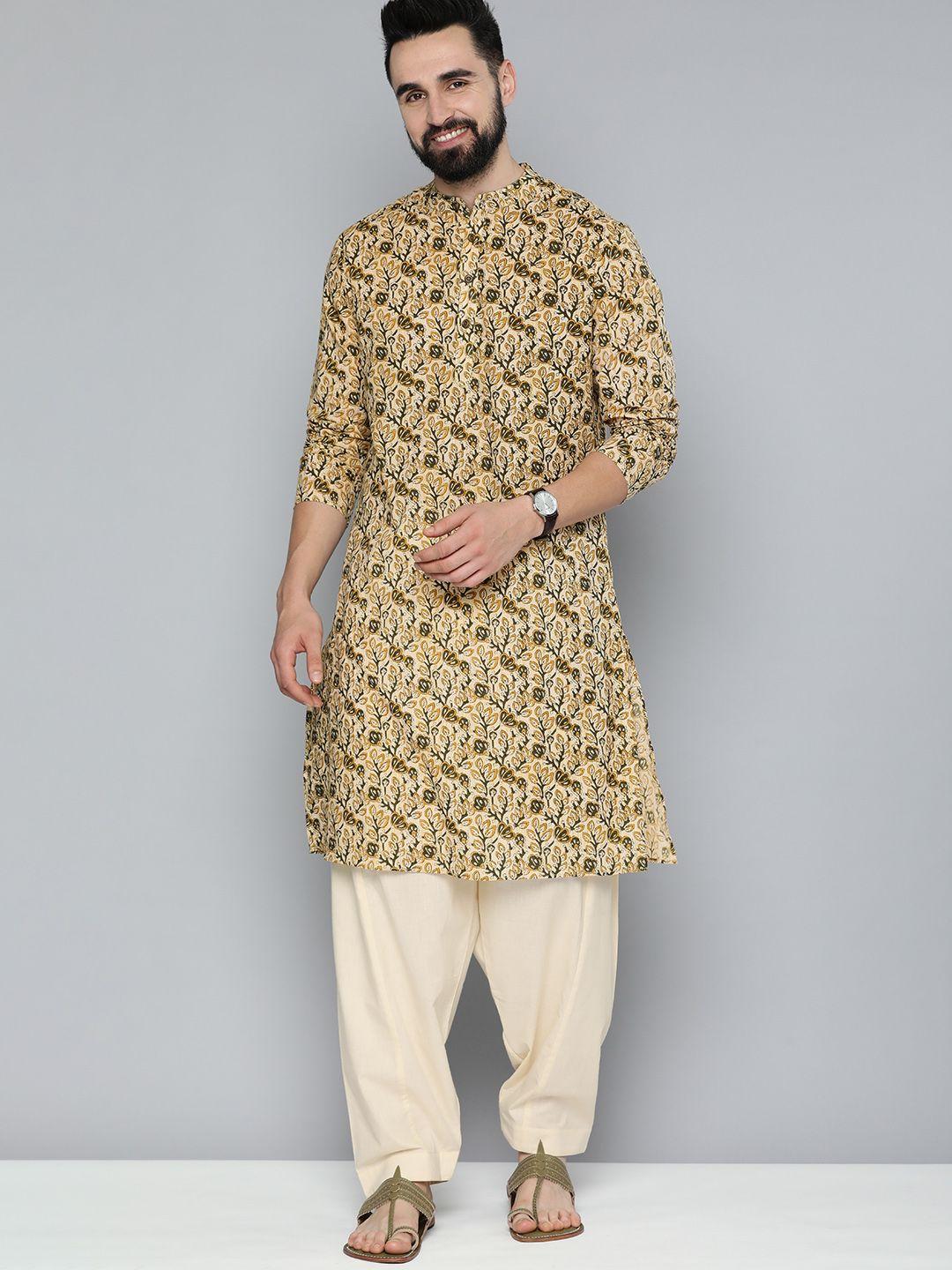 here&now men ethnic motifs printed pure cotton kurta with pyjamas