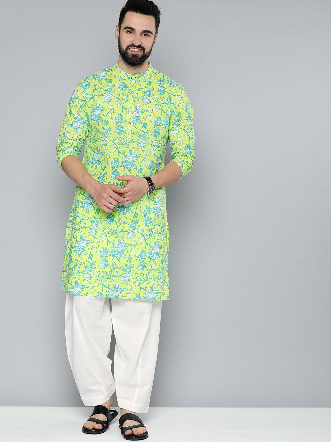 here&now men floral printed pure cotton kurta with pyjamas