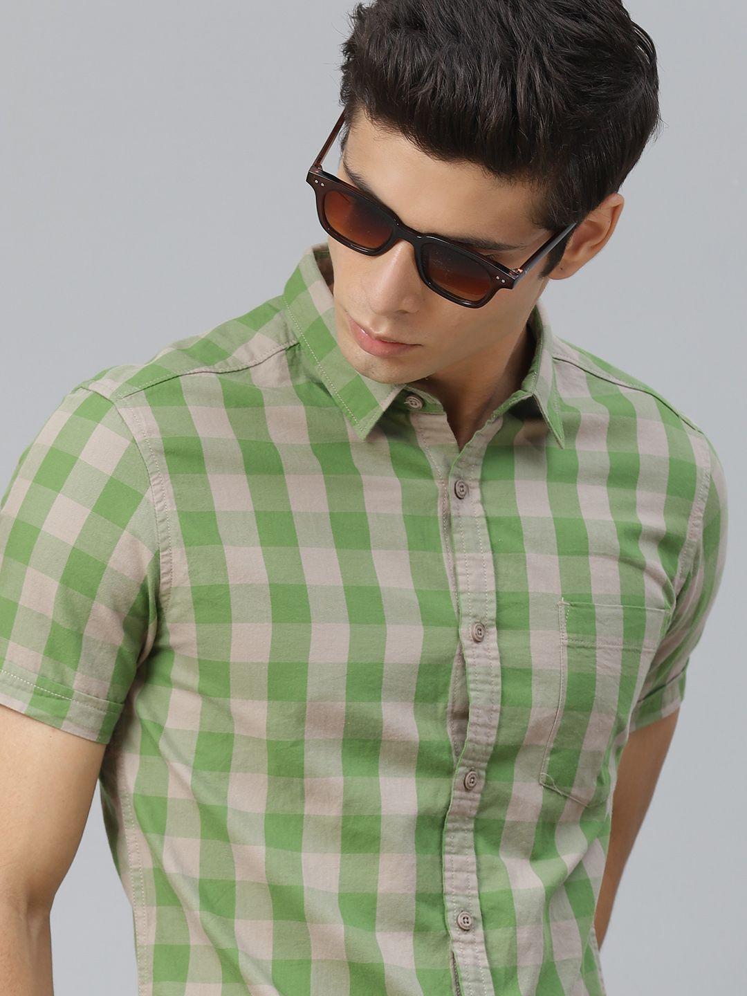here&now men green & grey pure cotton checked casual shirt