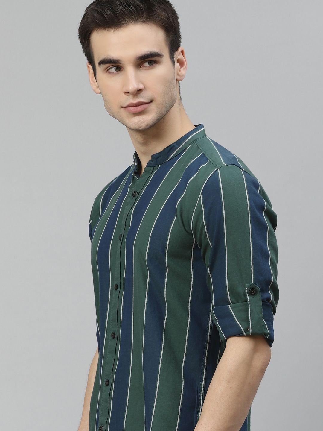 here&now men green & navy blue regular fit striped pure cotton casual shirt