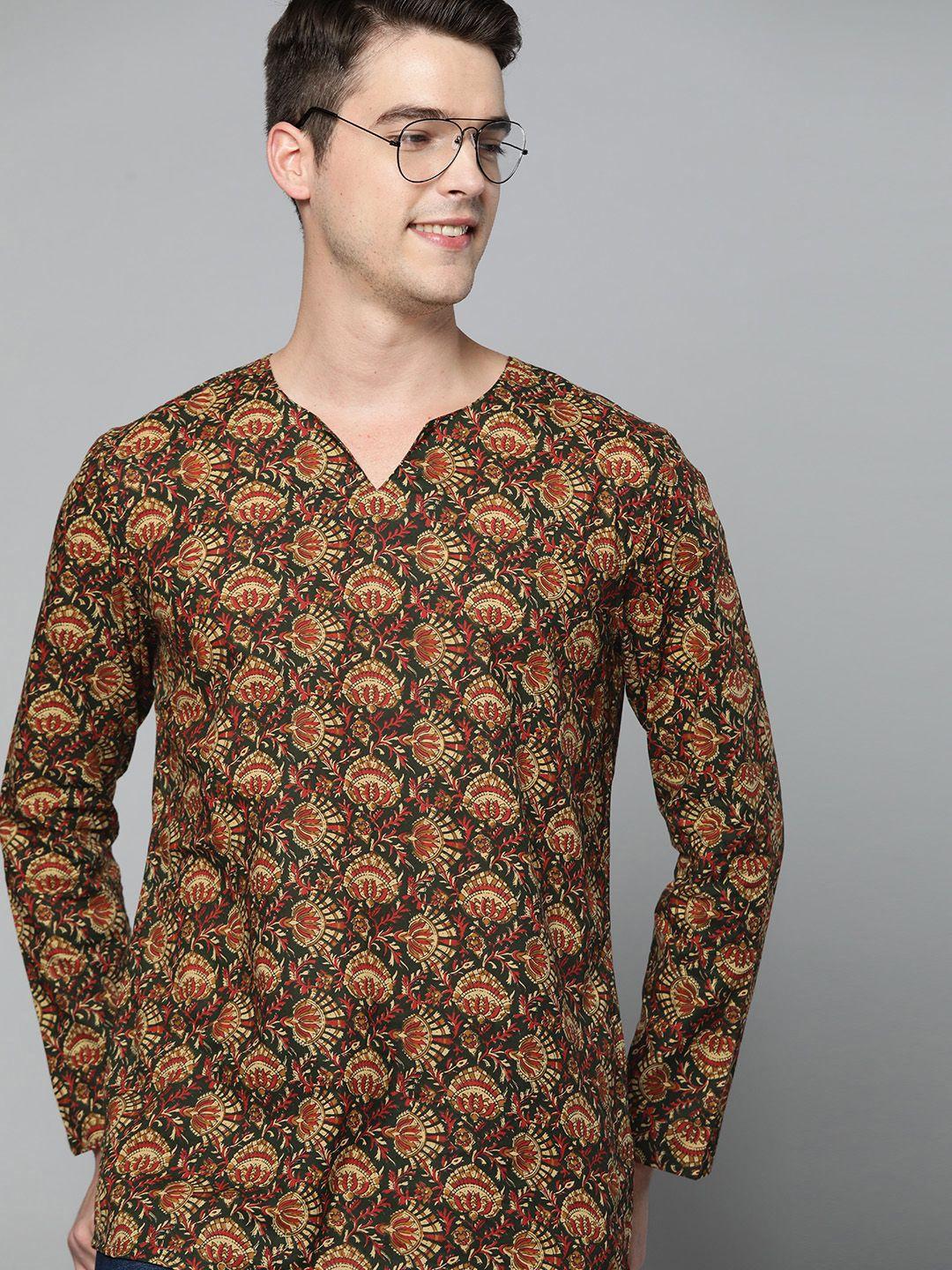 here&now men green & red ethnic motifs printed kurta