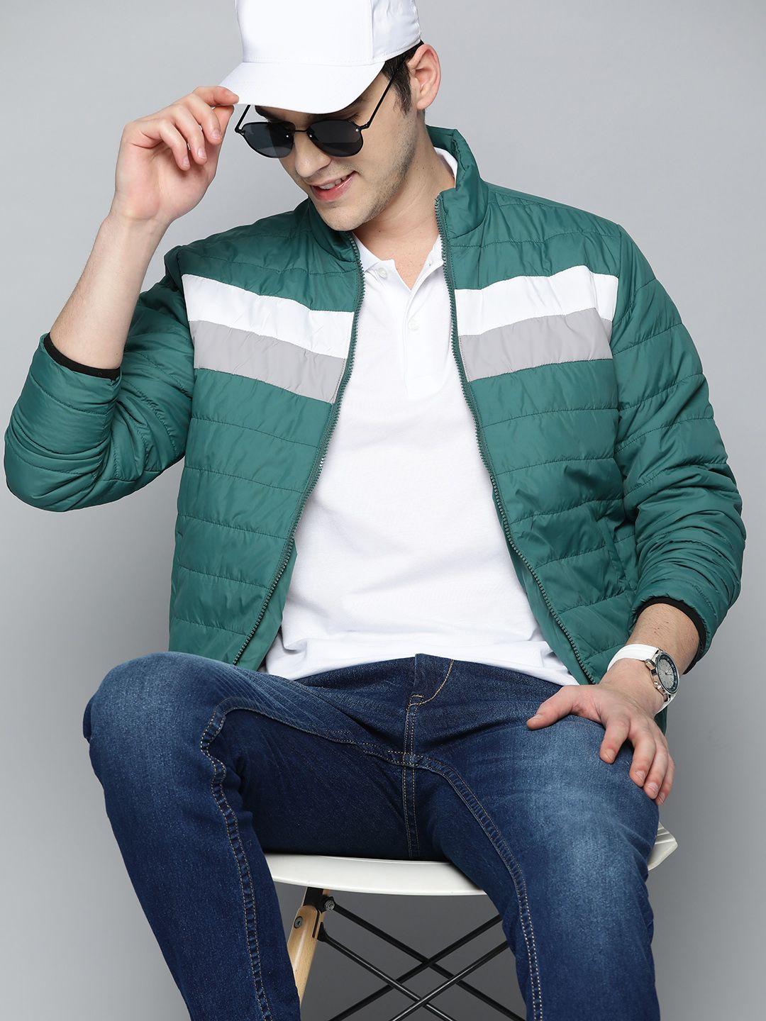 here&now men green & white striped padded jacket
