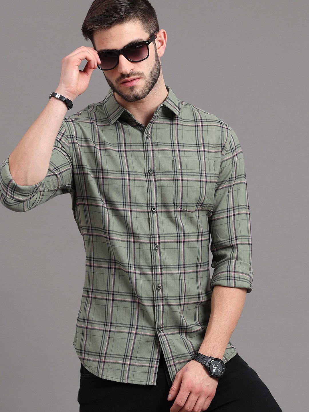 here&now men green slim fit tartan checks checked casual shirt