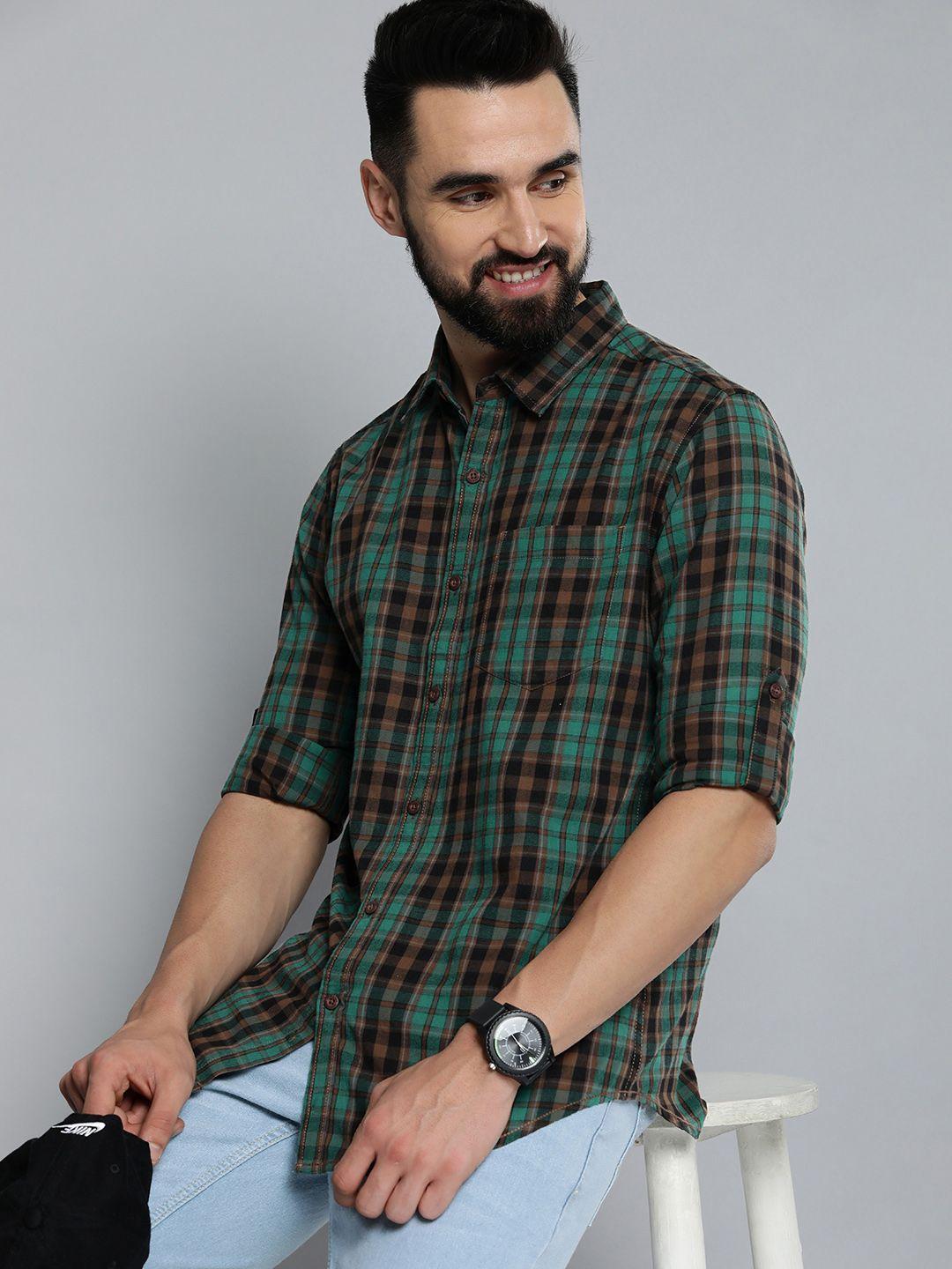 here&now men green slim fit tartan checks opaque pure cotton casual shirt