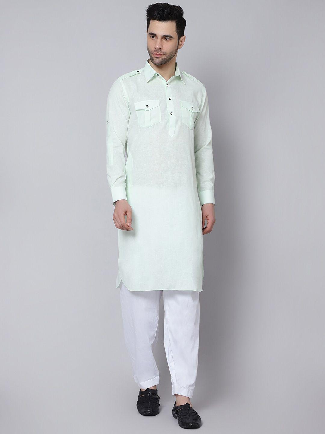 here&now men green thread work pathani kurta