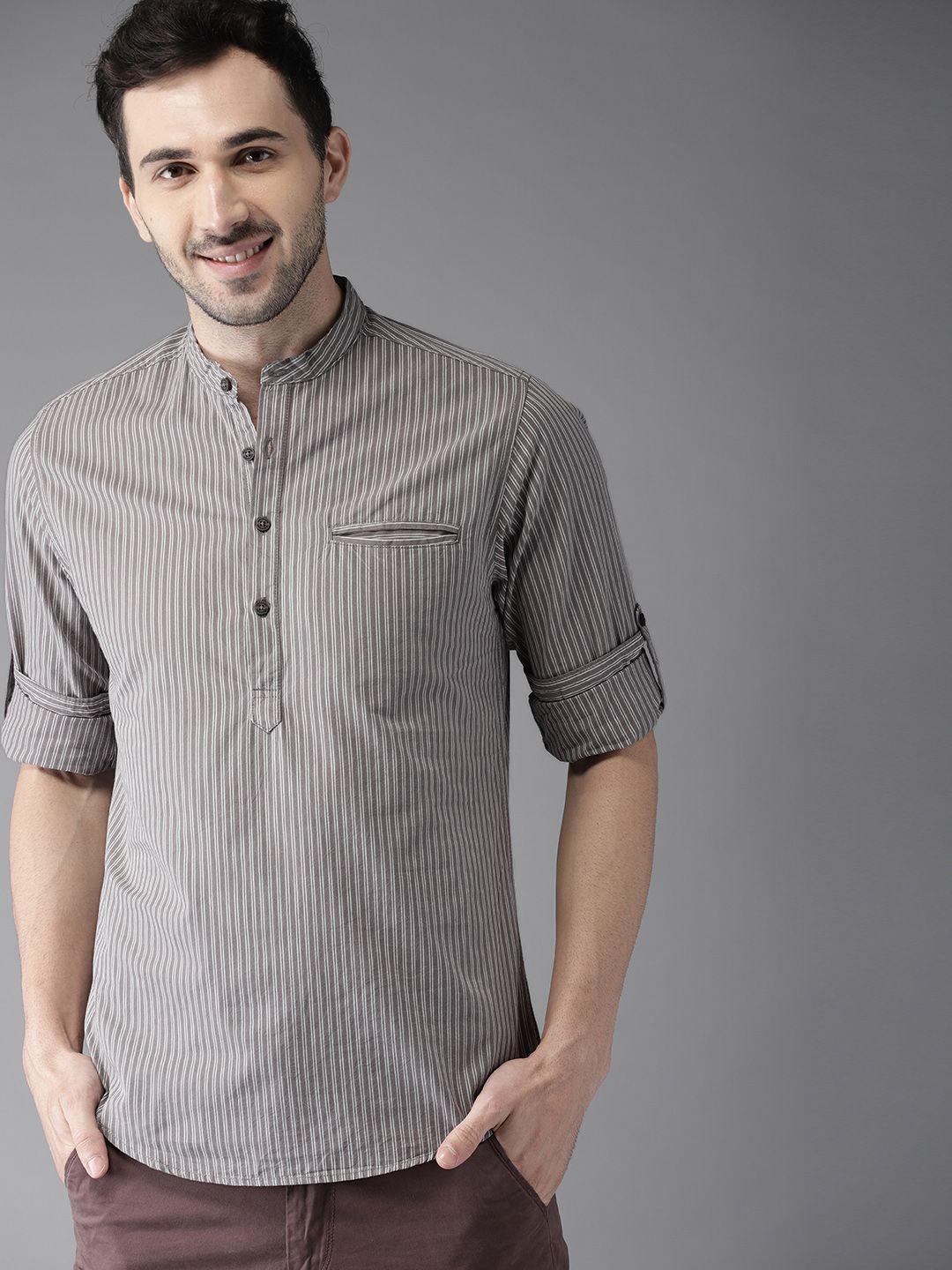 here&now men grey & white regular fit striped casual shirt