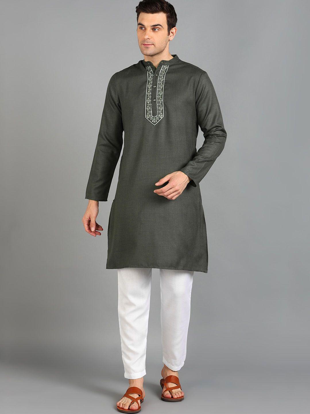 here&now men grey embroidered regular thread work kurta with trousers