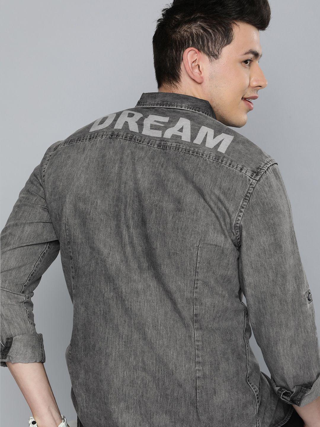 here&now men grey regular fit solid opaque pure cotton sustainable casual shirt with yoke print