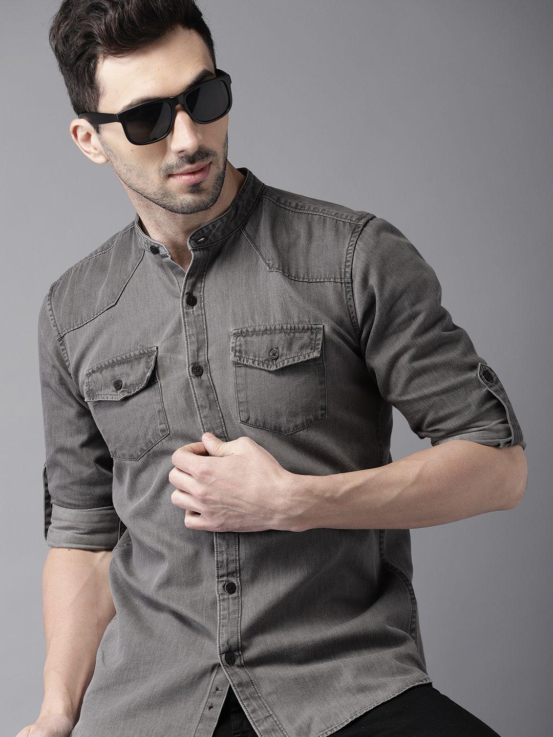 here&now men grey slim fit solid denim casual shirt