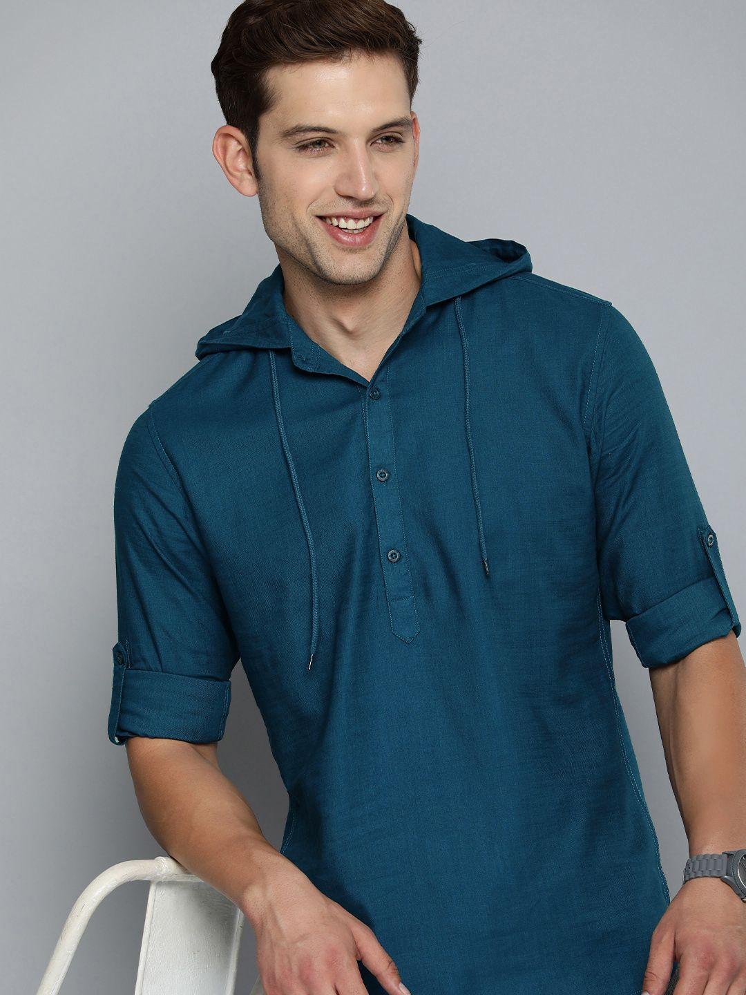 here&now men hooded pure cotton solid slim fit opaque casual shirt