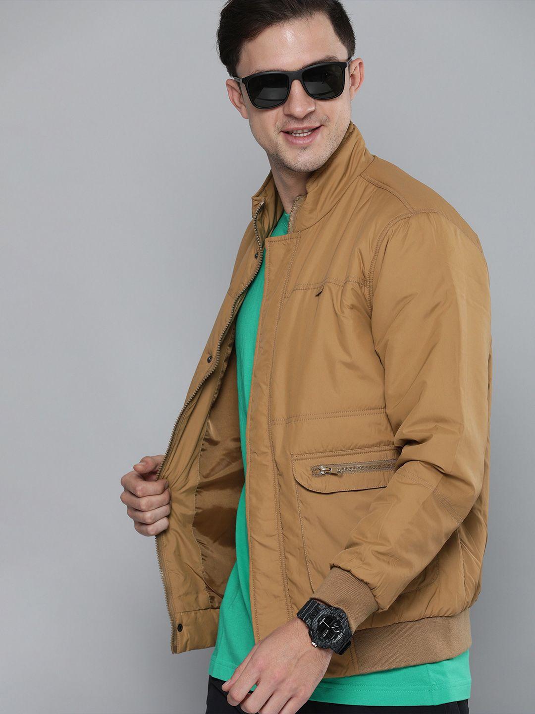 here&now men khaki solid bomber jacket with zip detailing