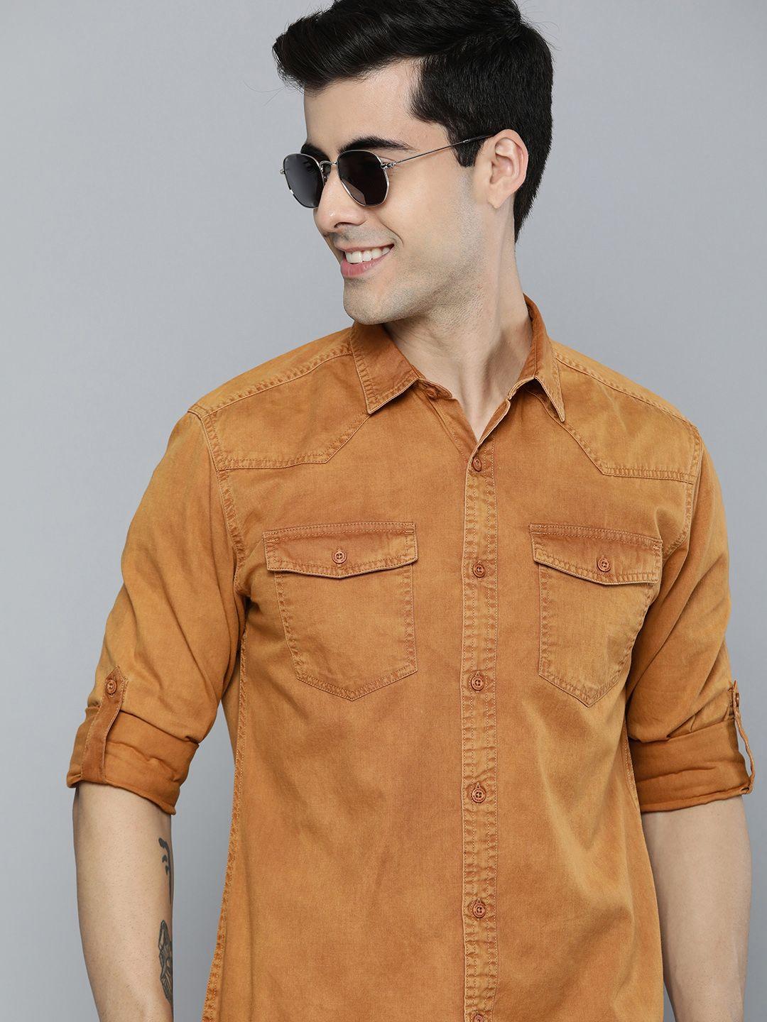 here&now men khaki solid slim fit pure cotton sustainable casual shirt