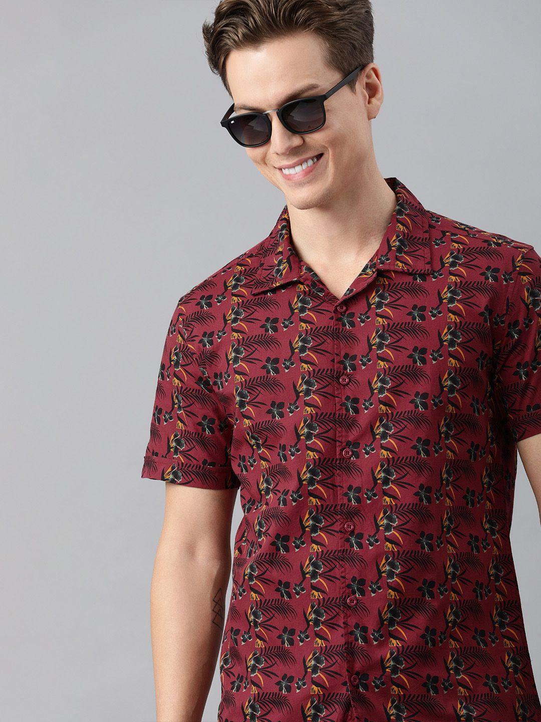 here&now men maroon & black slim fit floral printed casual shirt