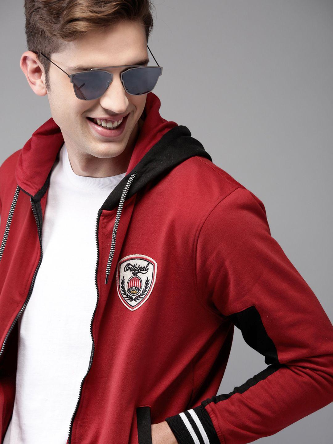 here&now men maroon & black solid hooded sweatshirt