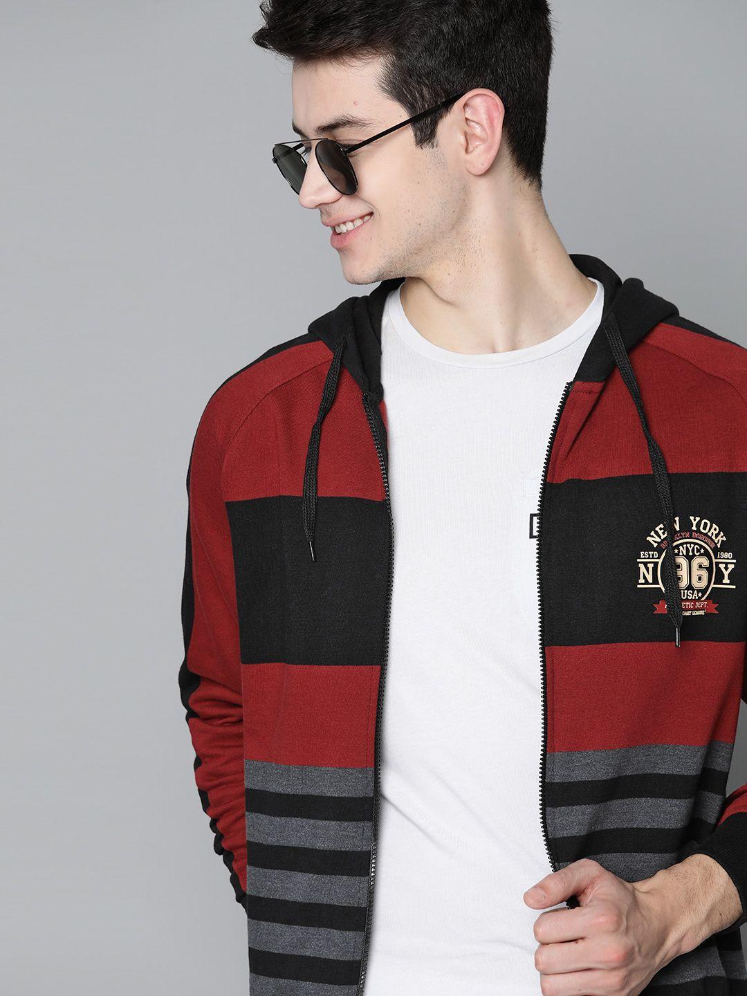 here&now men maroon & black striped hooded sweatshirt