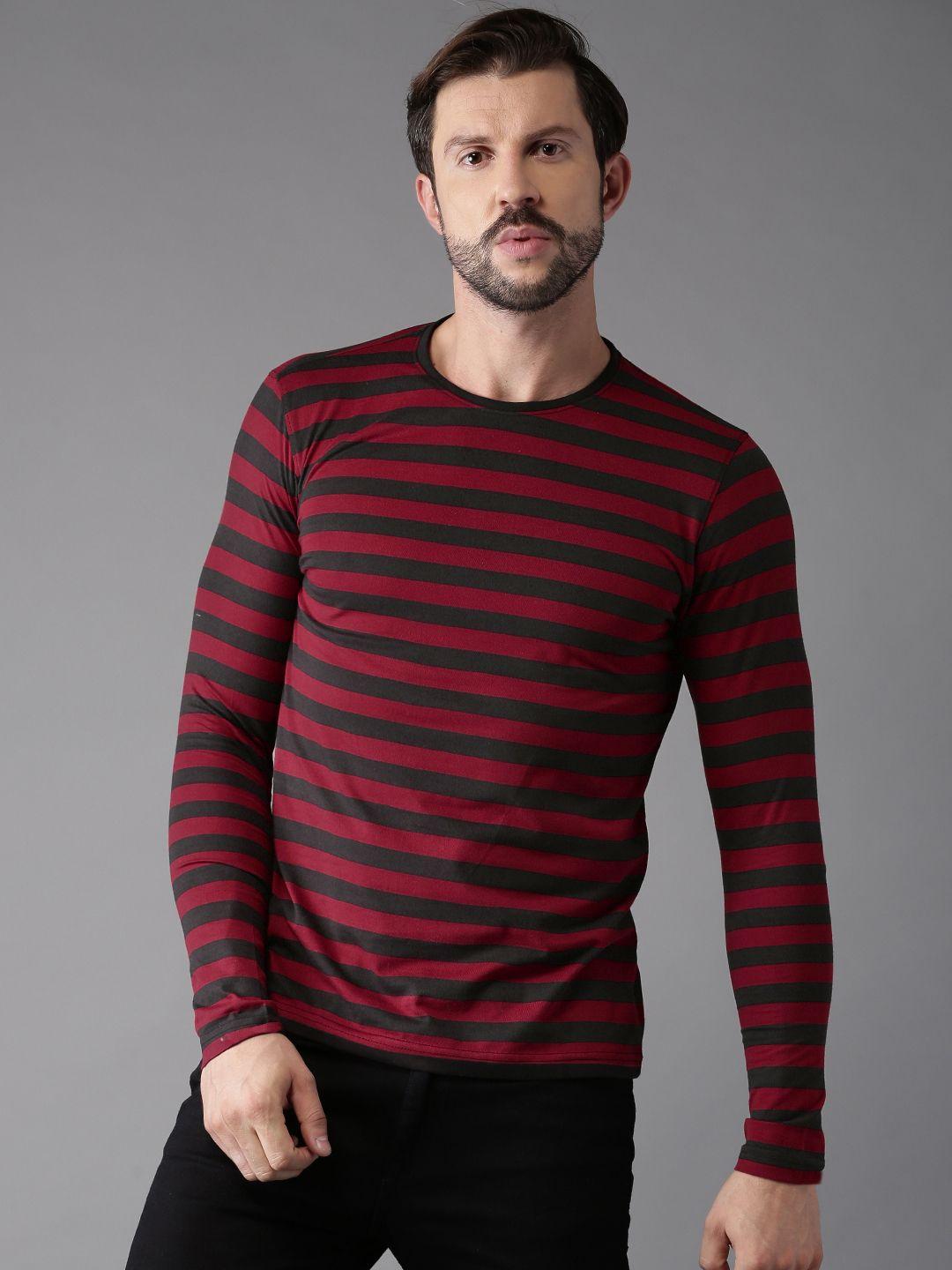 here&now men maroon & black striped round neck t-shirt