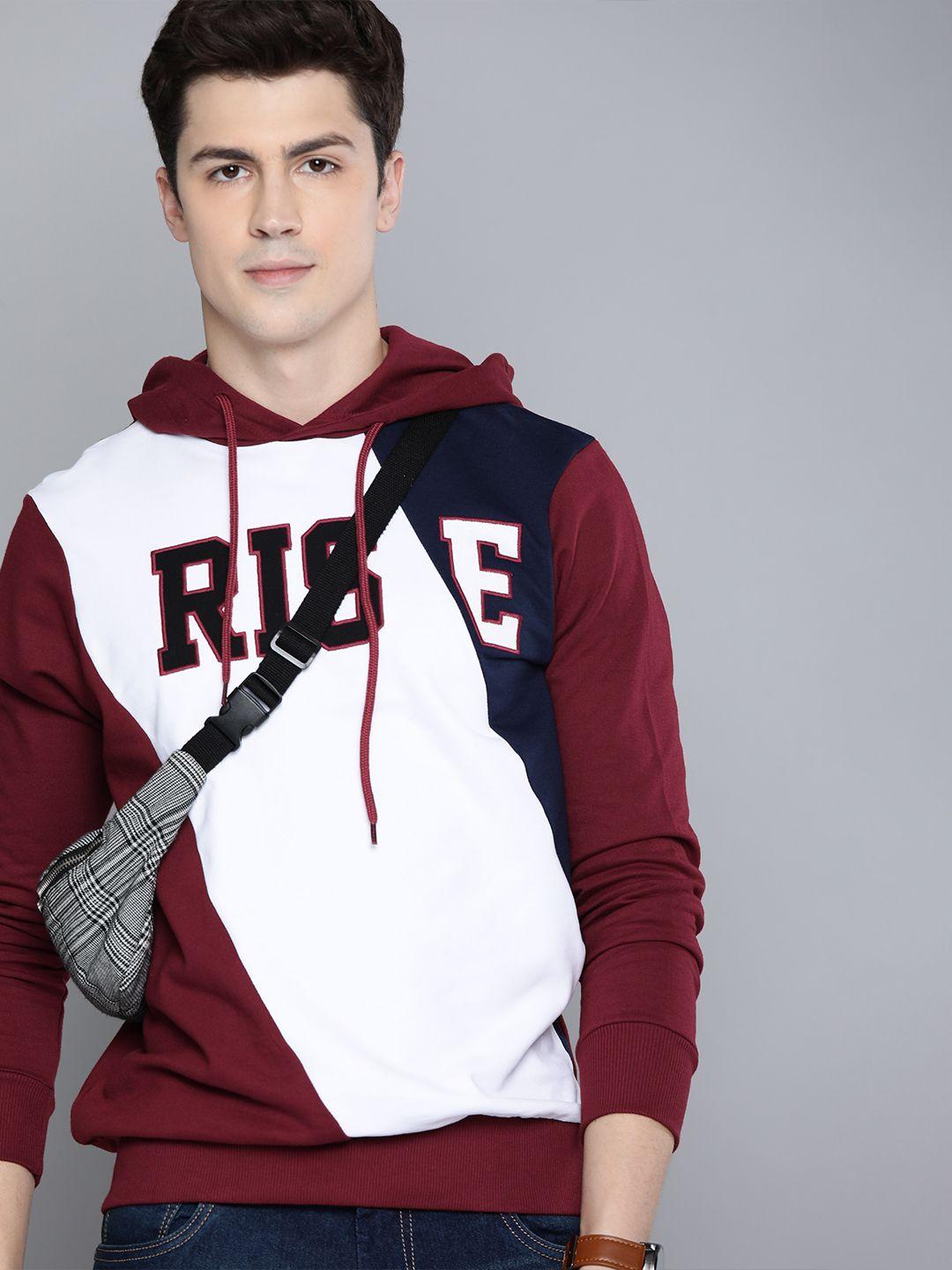 here&now men maroon & white colourblocked hooded pullover sweatshirt