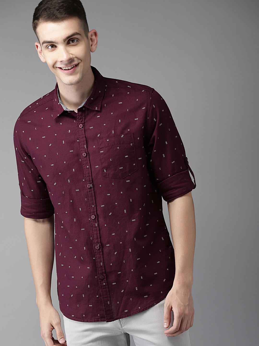 here&now men maroon & white printed casual shirt
