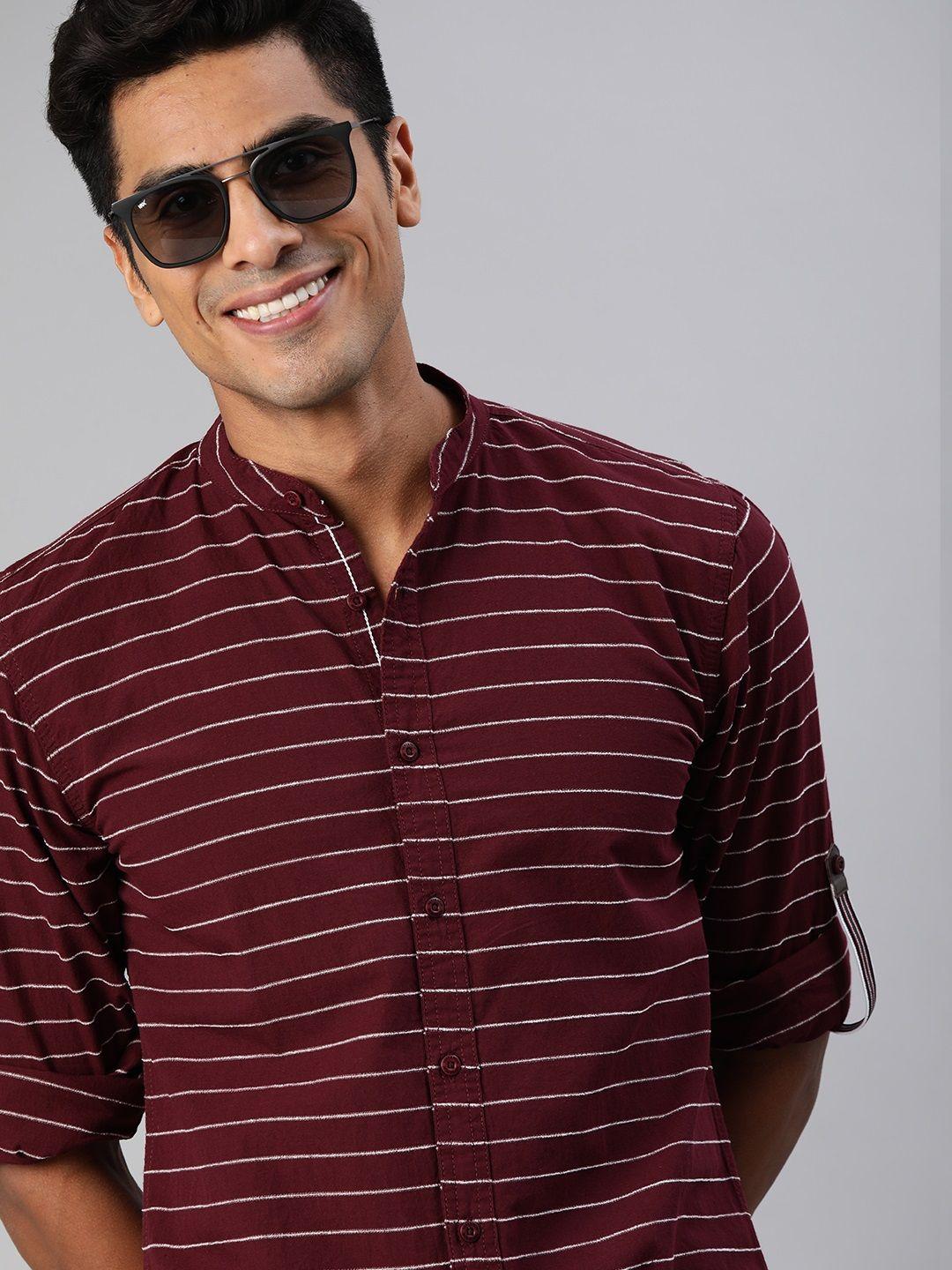 here&now men maroon & white regular fit striped casual shirt
