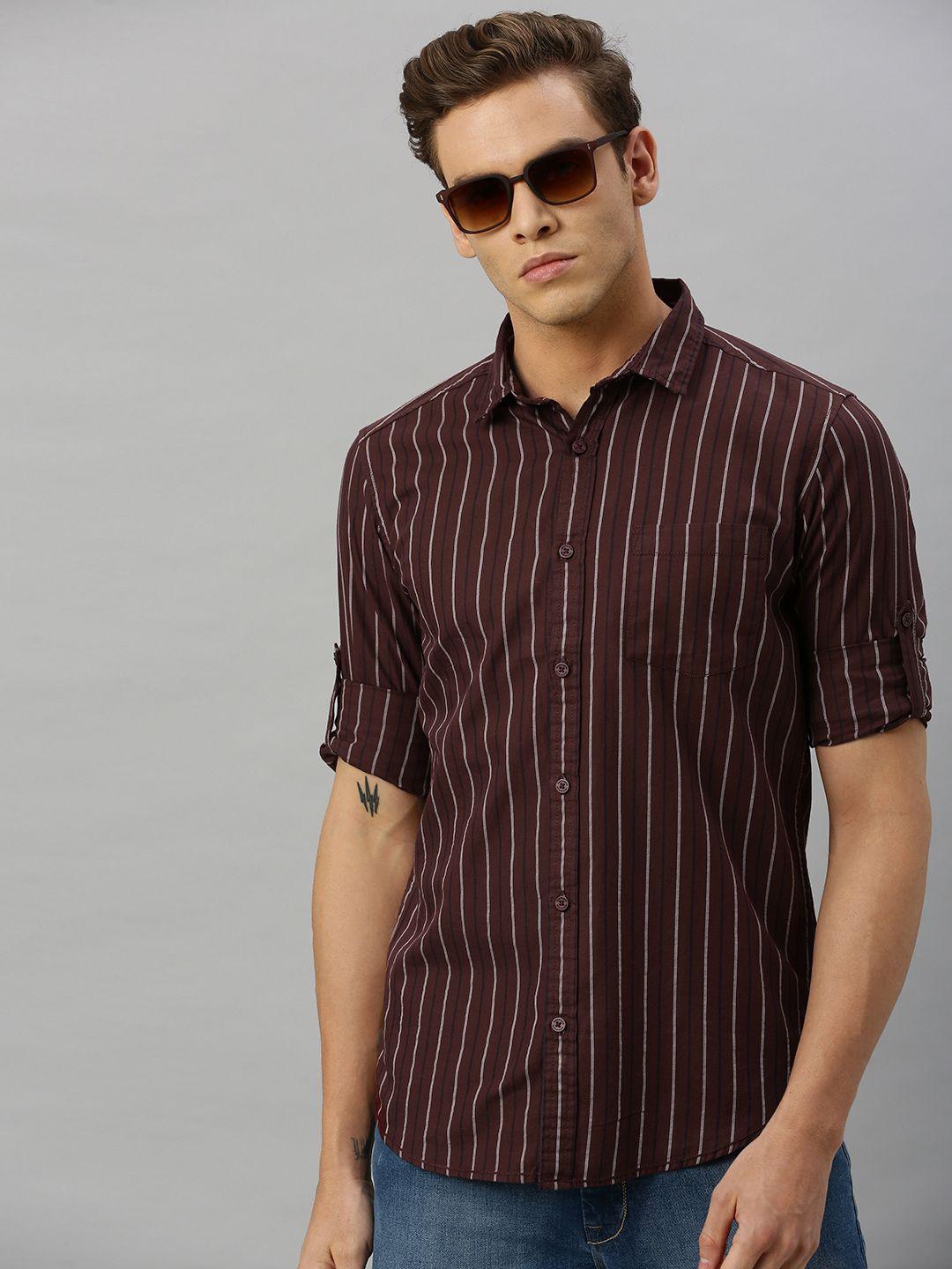 here&now men maroon & white slim fit striped casual shirt