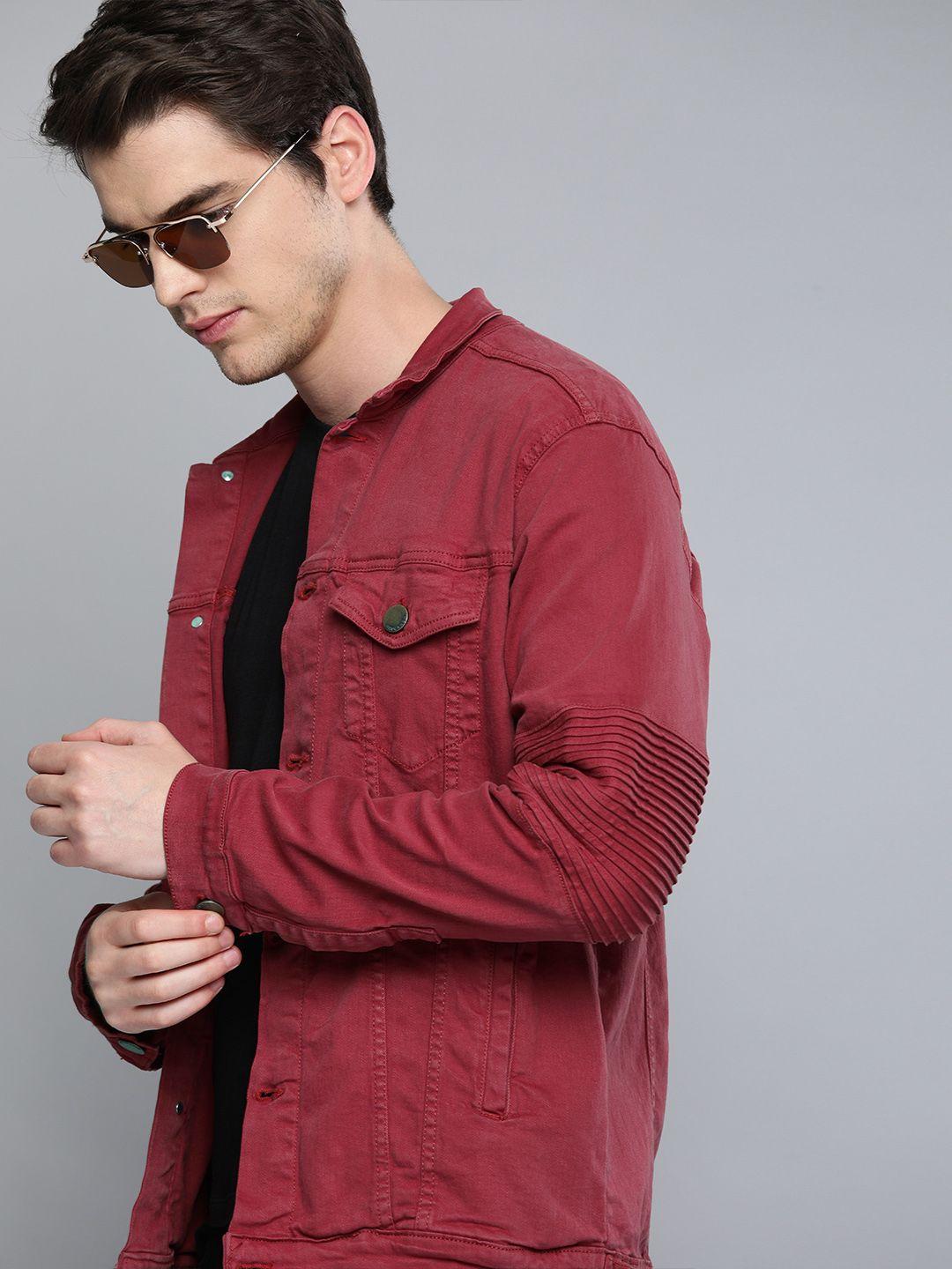 here&now men maroon solid denim jacket