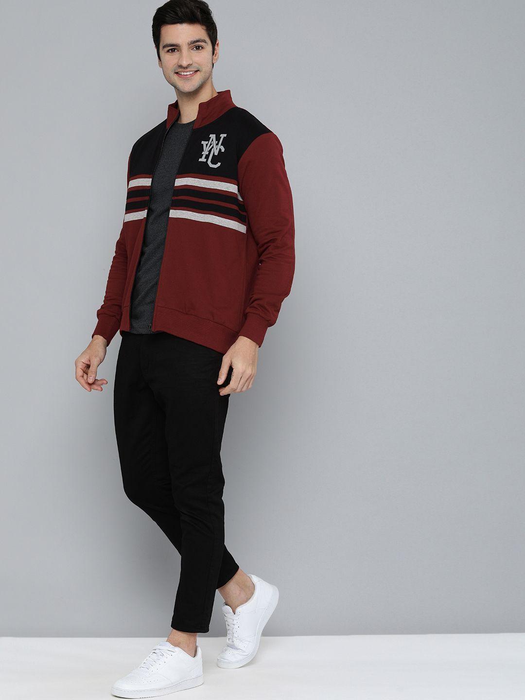 here&now men maroon striped hooded sweatshirt