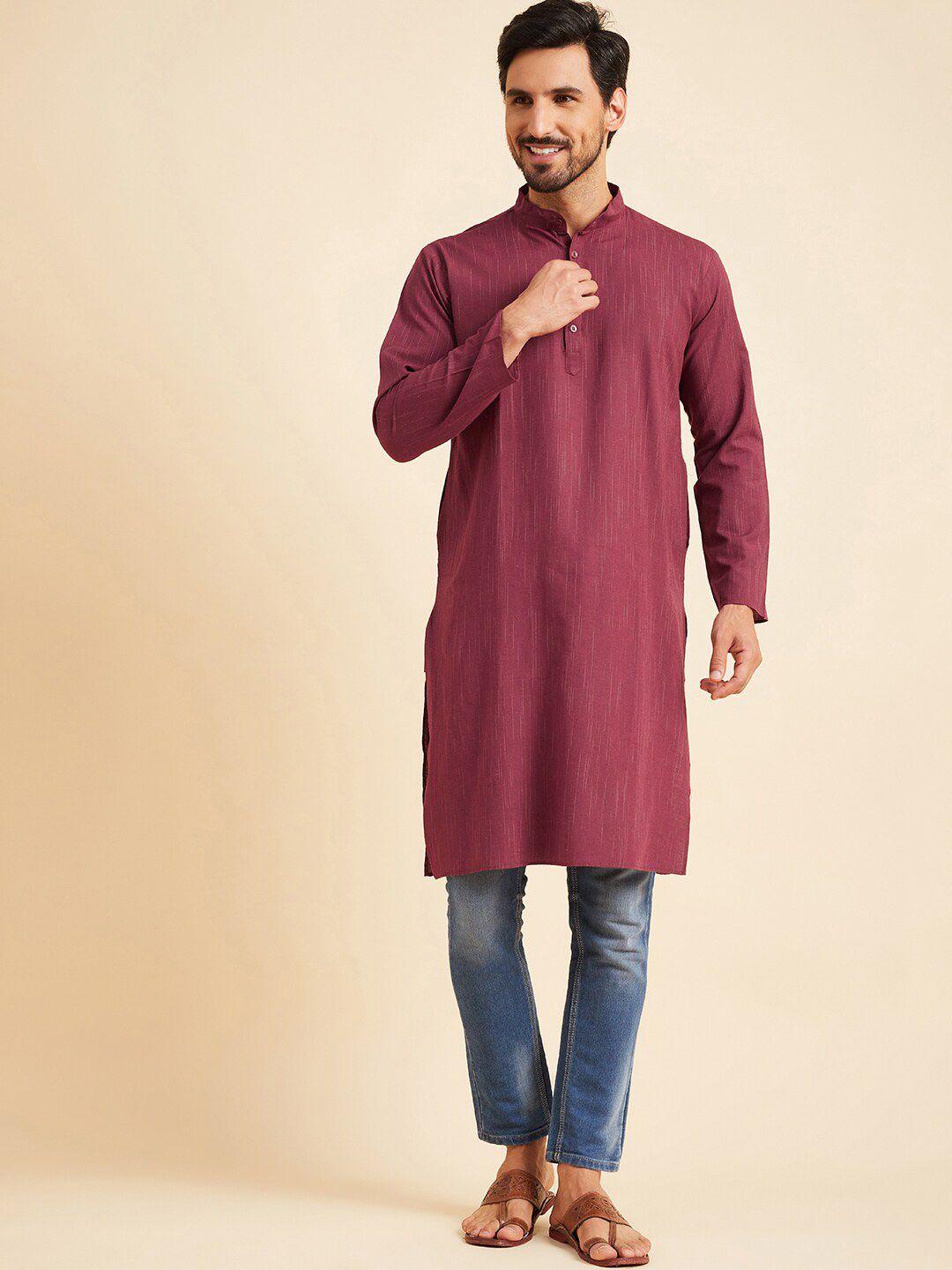 here&now men maroon thread work kurta