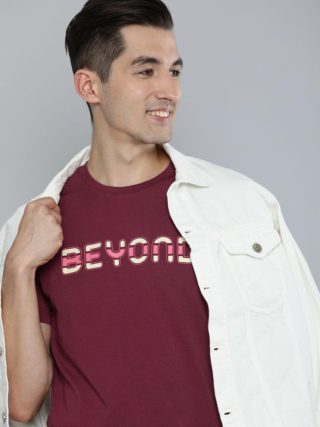here&now men maroon typography printed pure cotton t-shirt