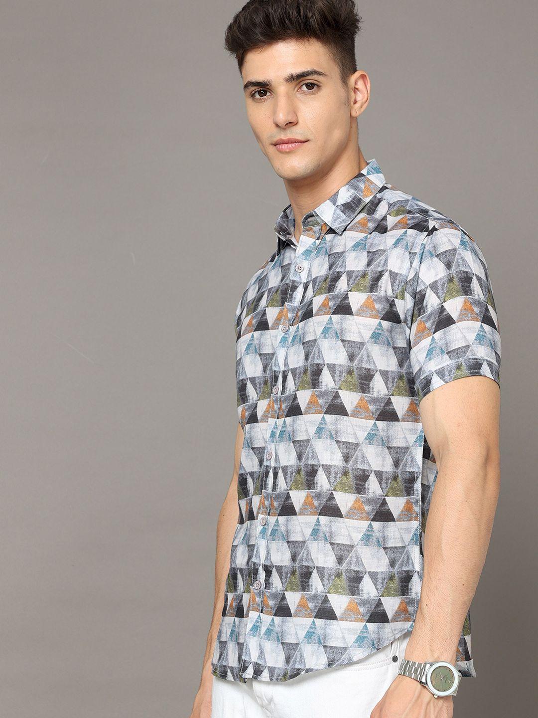 here&now men multicoloured geometric printed regular fit shirt