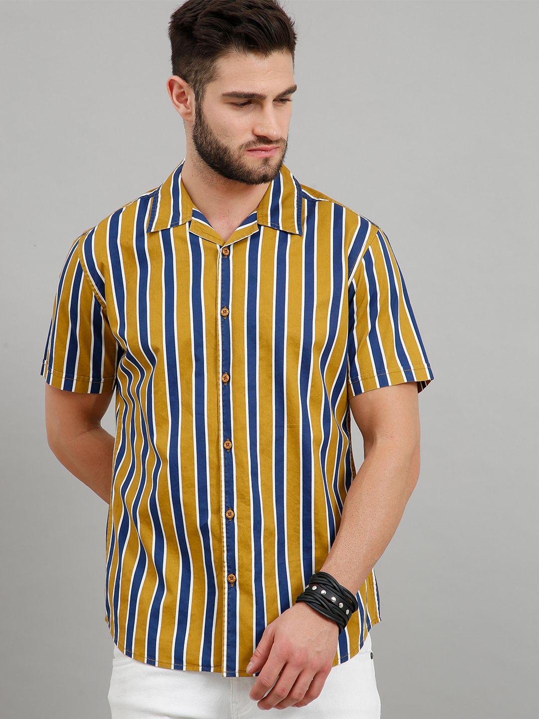 here&now men mustard & blue slim fit striped casual shirt