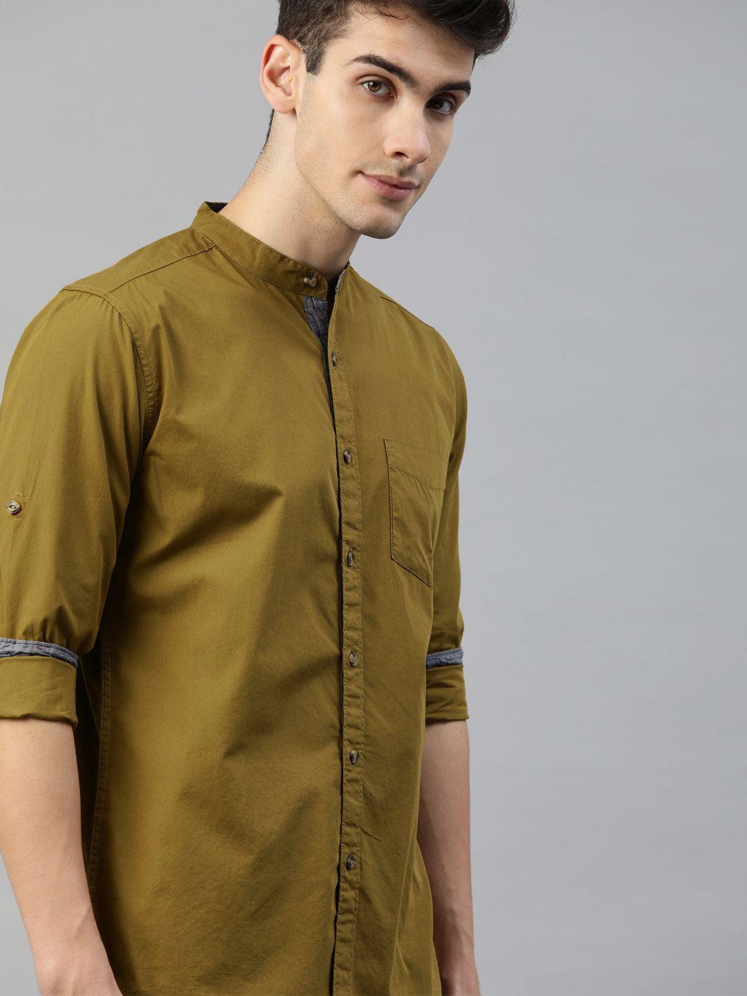 here&now men mustard brown slim fit solid casual shirt