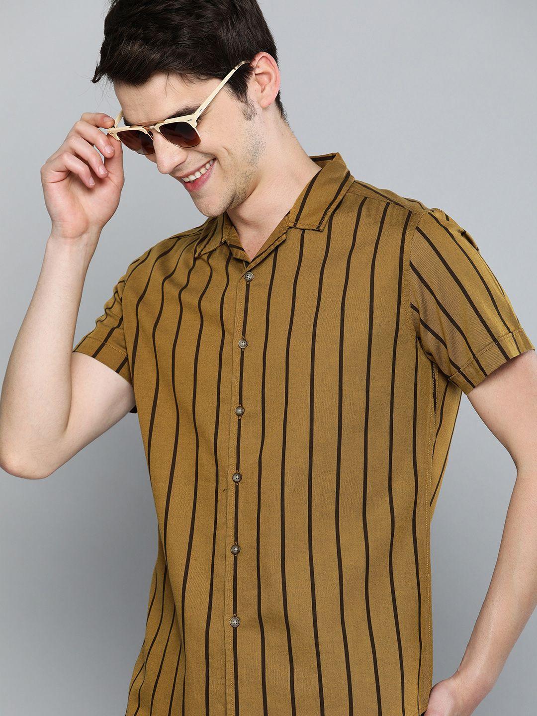 here&now men mustard brown slim fit striped casual shirt