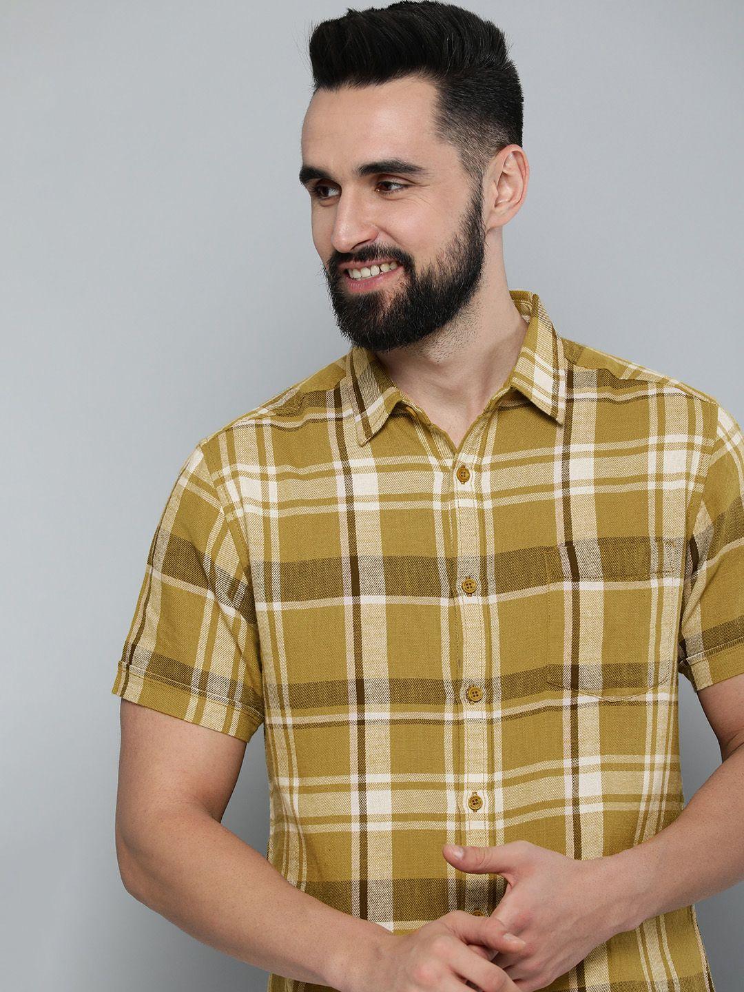 here&now men mustard slim fit checked casual shirt