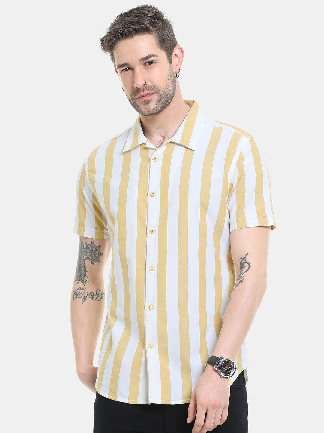 here&now men mustard slim fit striped casual shirt