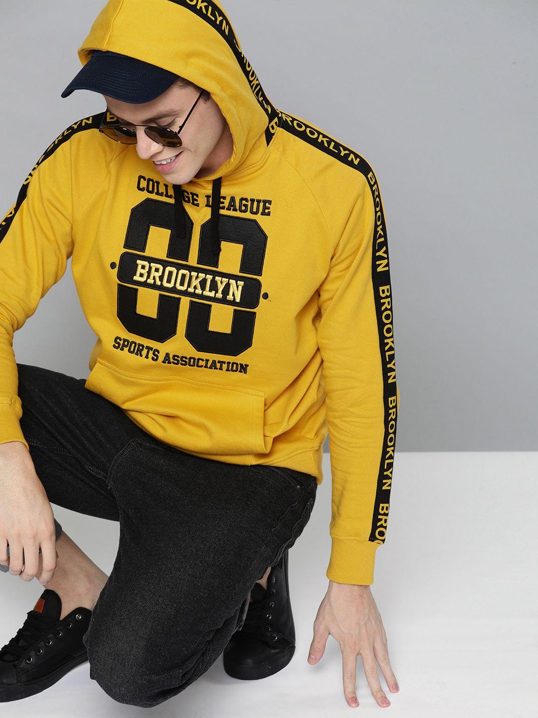 here&now men mustard yellow & black printed hooded sweatshirt