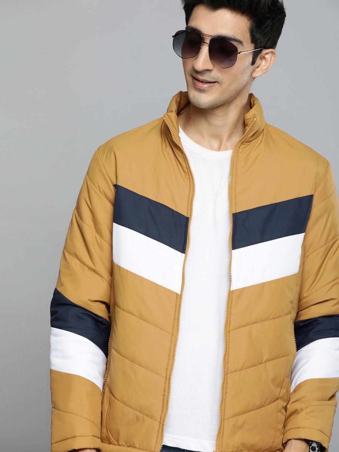 here&now men mustard yellow colourblocked padded jacket