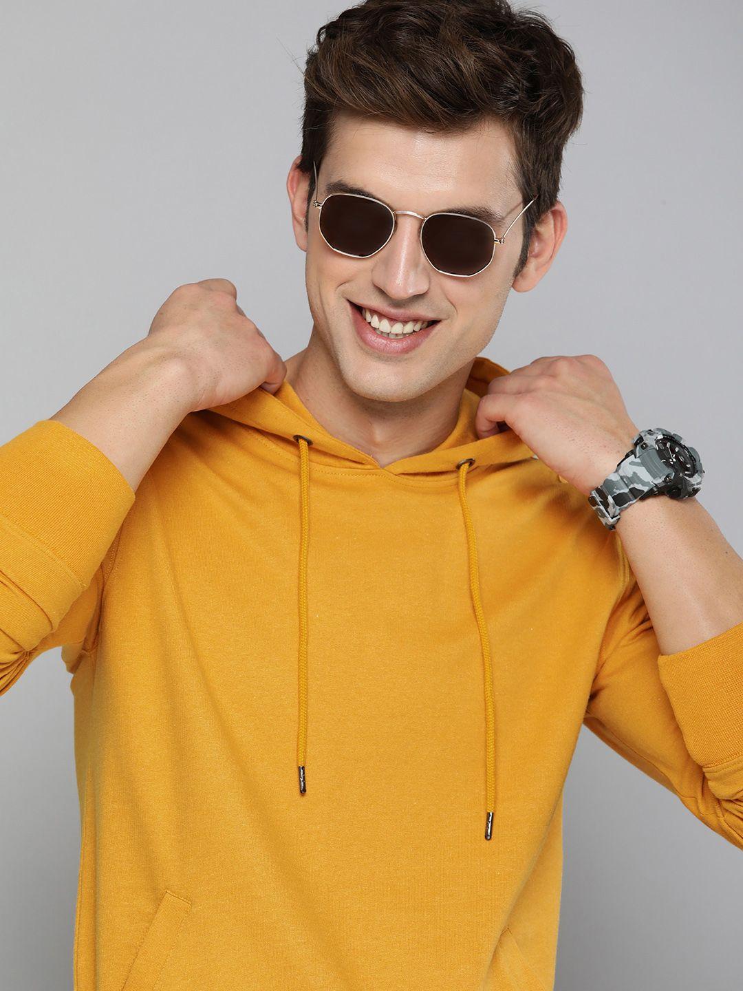 here&now men mustard yellow hooded sweatshirt