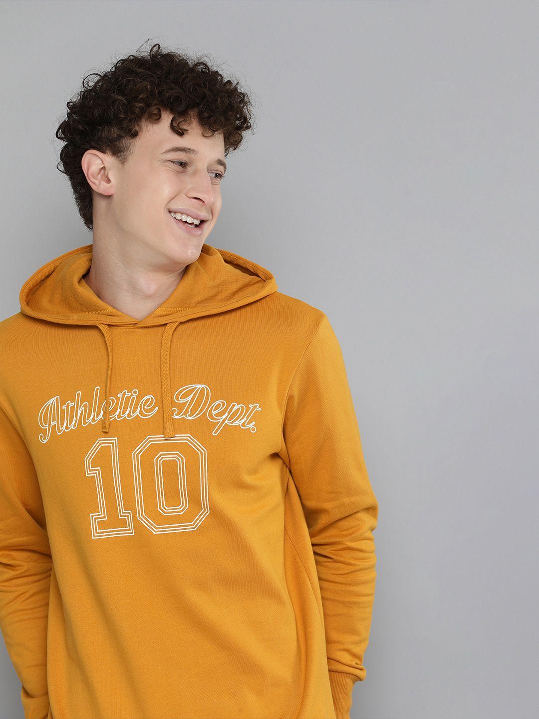 here&now men mustard yellow printed hooded sweatshirt