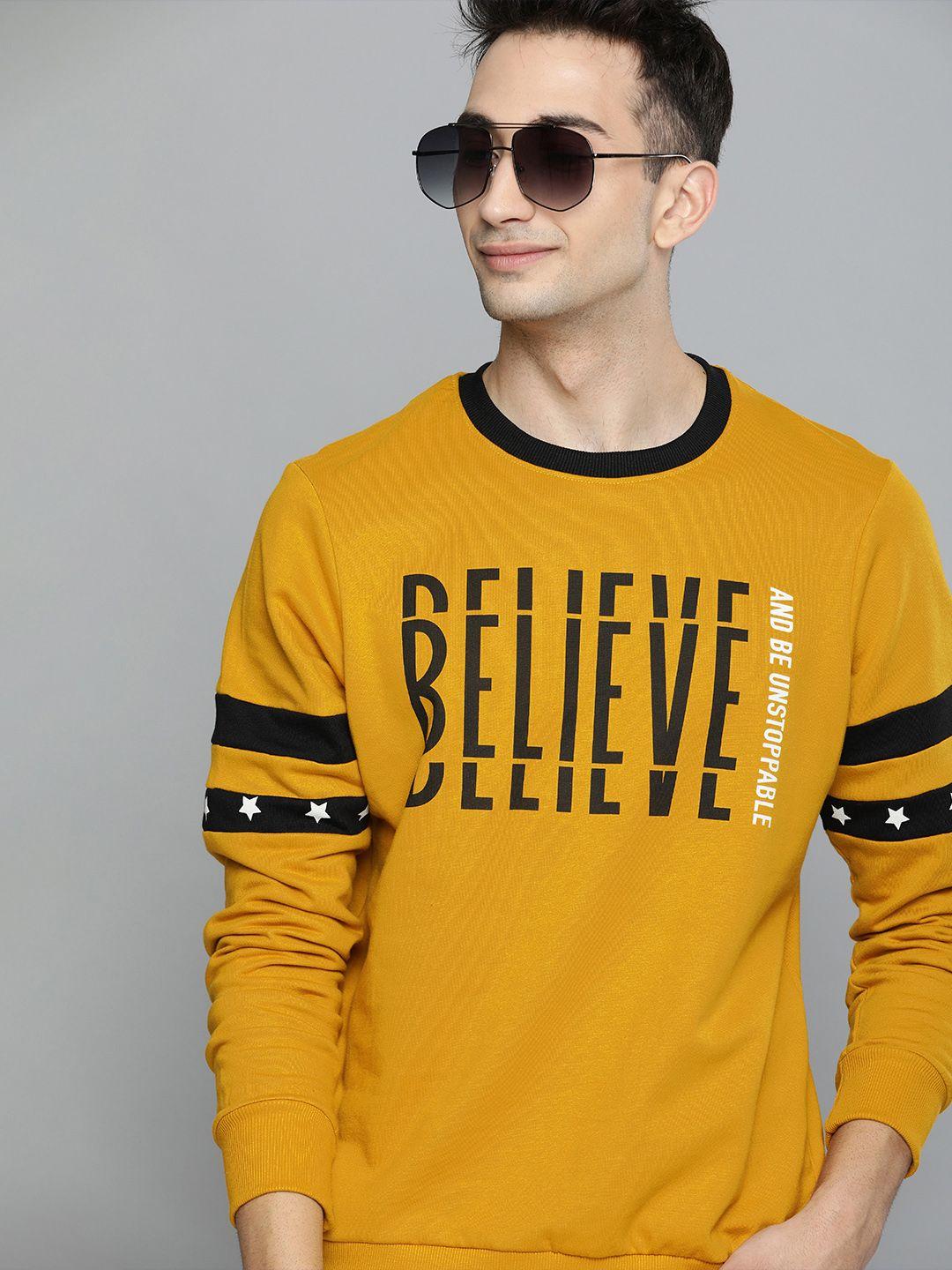 here&now men mustard yellow printed pullover sweatshirt