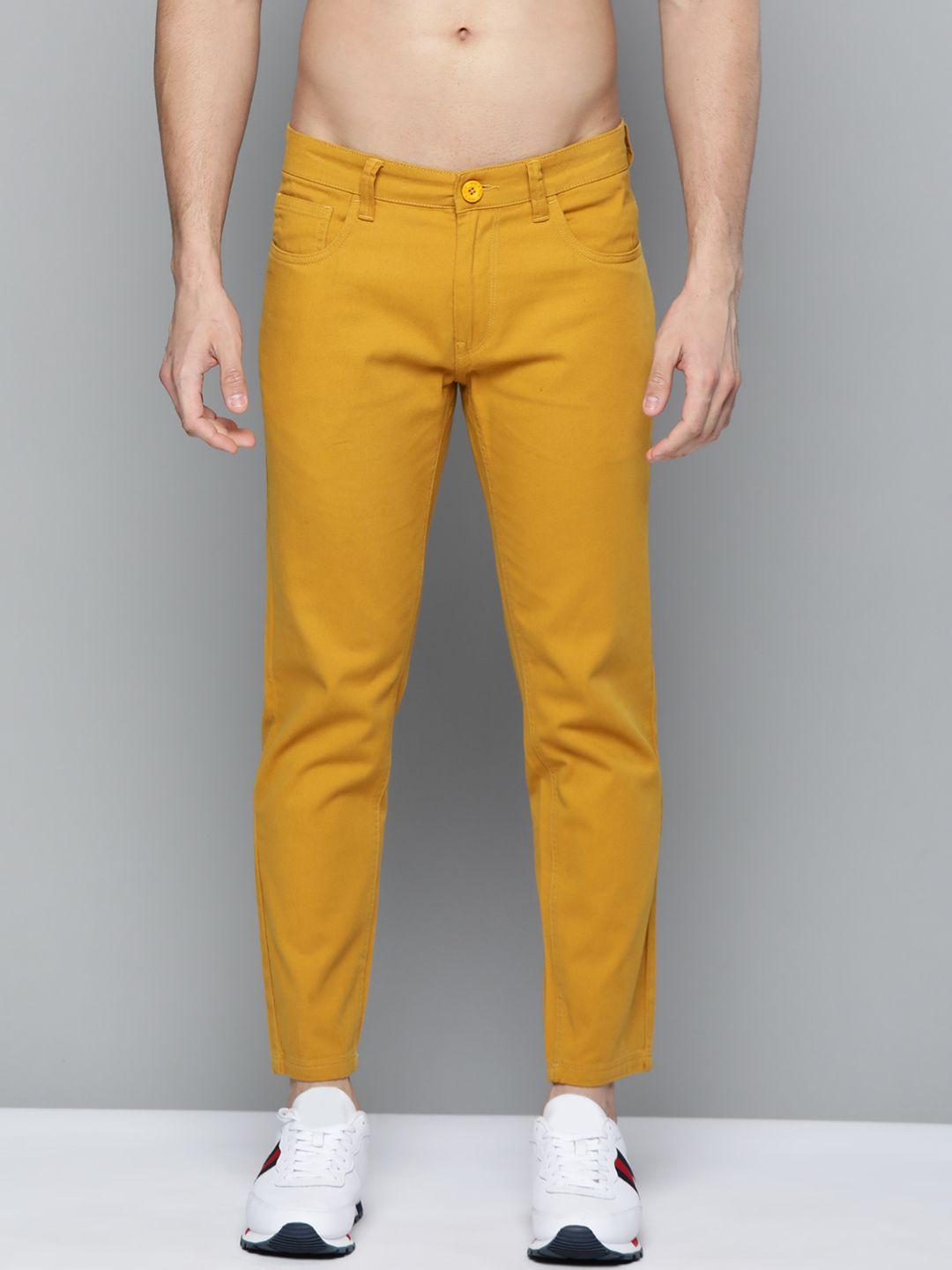 here&now men mustard yellow slim fit stretchable chinos trousers