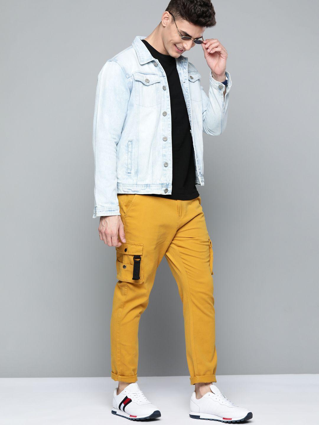 here&now men mustard yellow solid stretchable cargos trousers