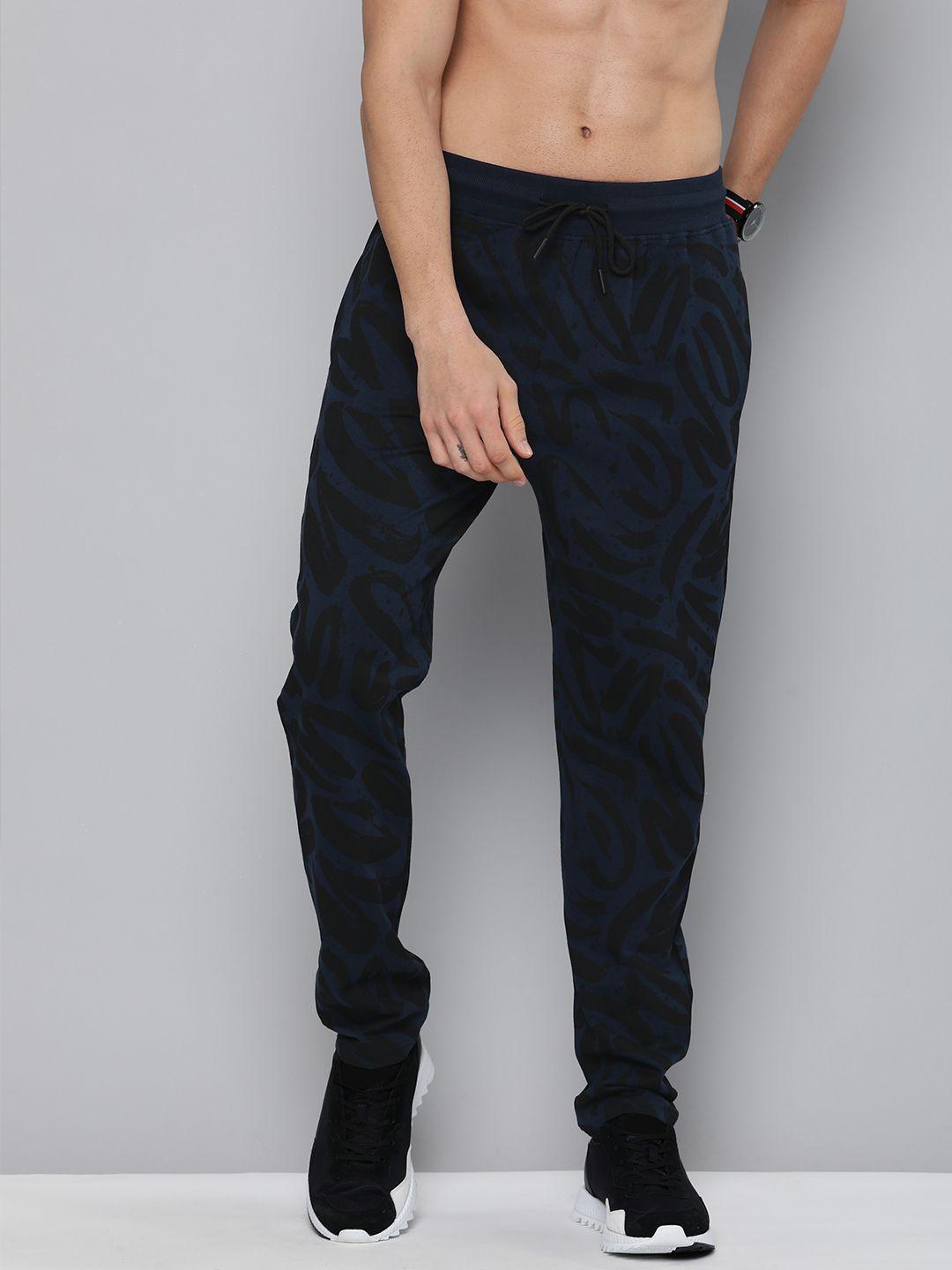 here&now men navy blue & black printed pure cotton track pants