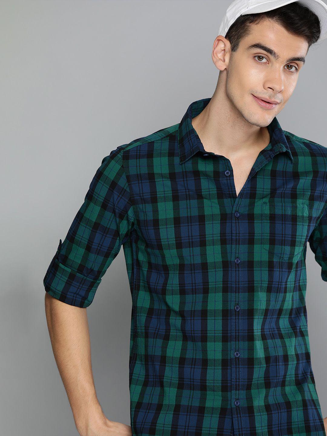 here&now men navy blue & green slim fit checked casual shirt