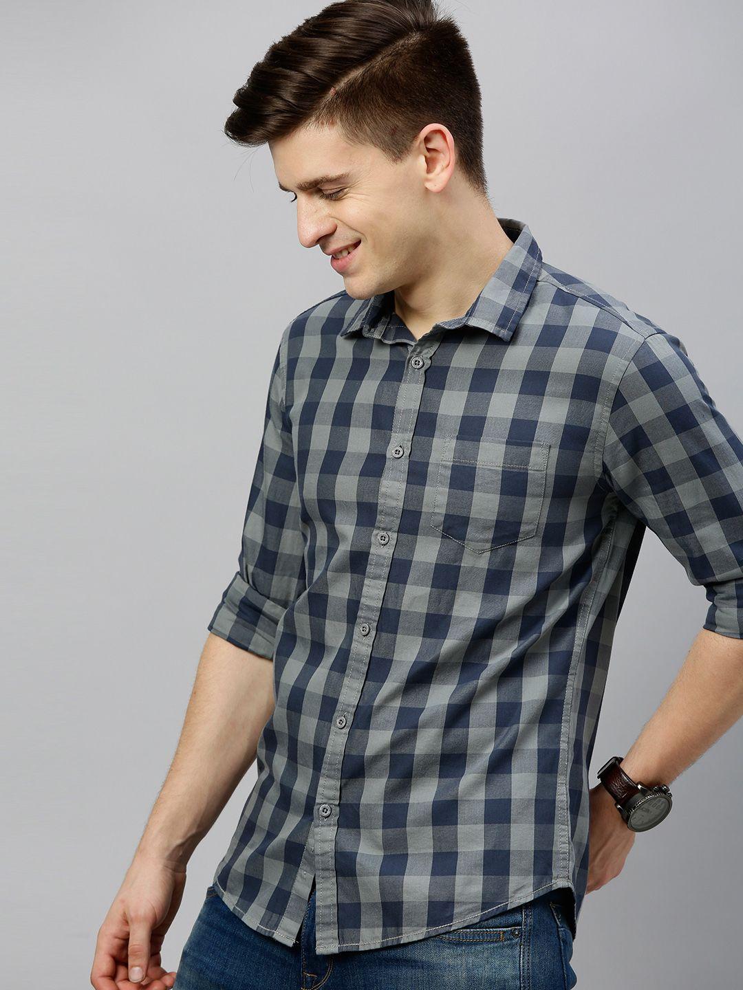 here&now men navy blue & grey slim fit checked casual shirt